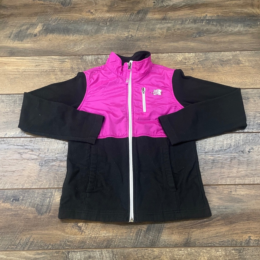 The North Face Girls Pink Black Mixed Media Fleece Full Zip Jacket Size M 10/12